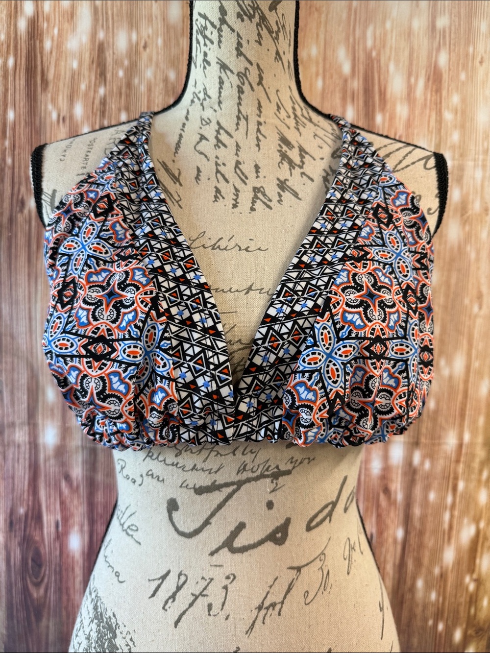 Swimsuits for All Brand Patterned Triangle Bikini Top in Black, Coral & Blue